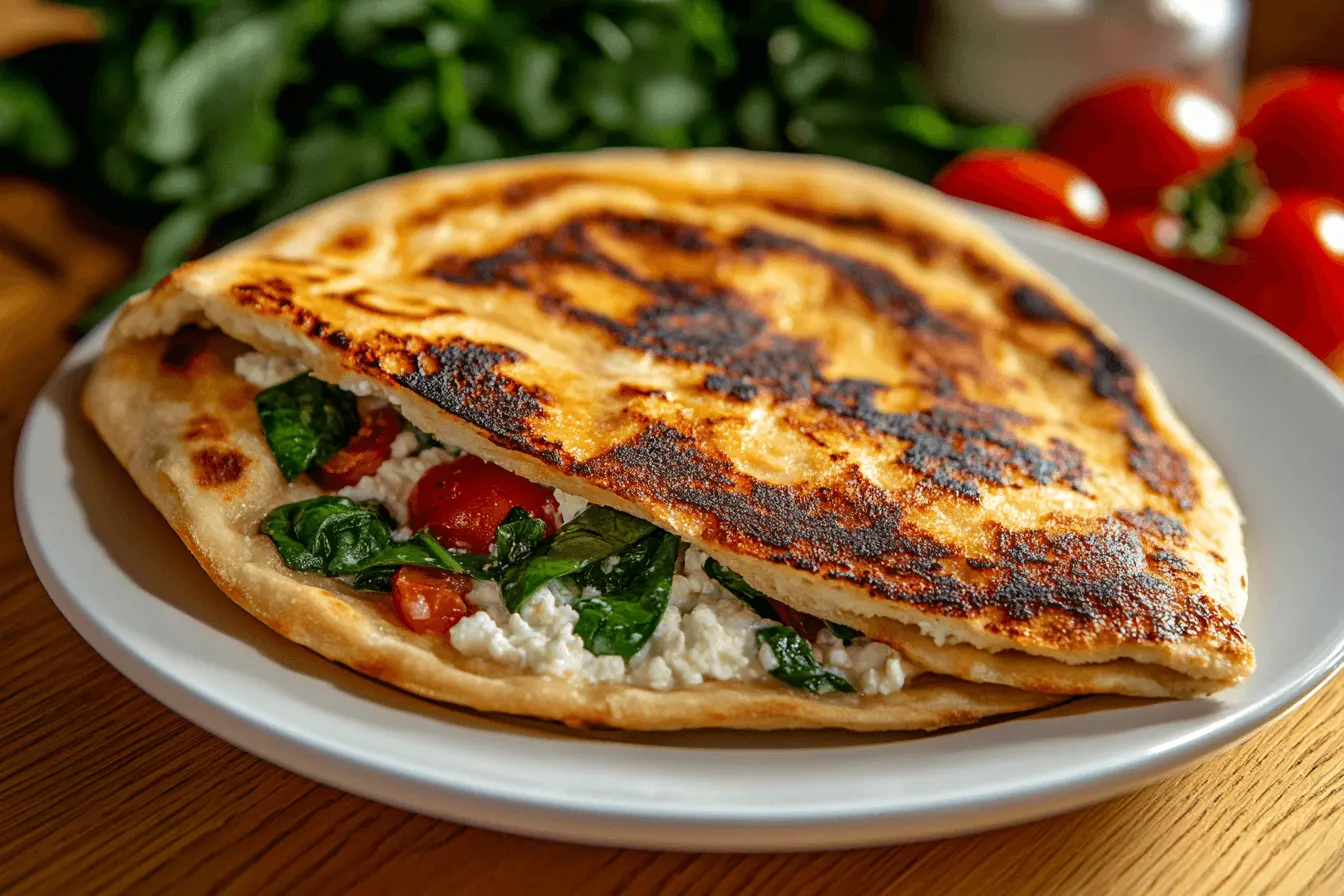 A perfectly grilled cottage cheese flatbread filled with fresh spinach, juicy tomatoes, and creamy cottage cheese, served on a white plate with a rustic background