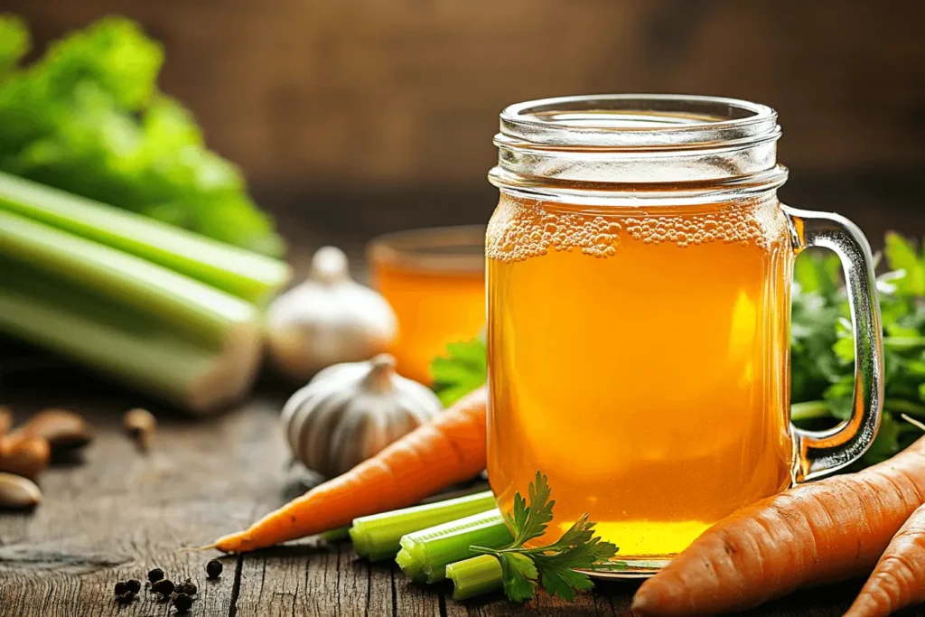 A clear mason jar filled with golden chicken bone broth, placed on a wooden table surrounded by fresh carrots, celery, garlic, parsley, and black peppercorns.