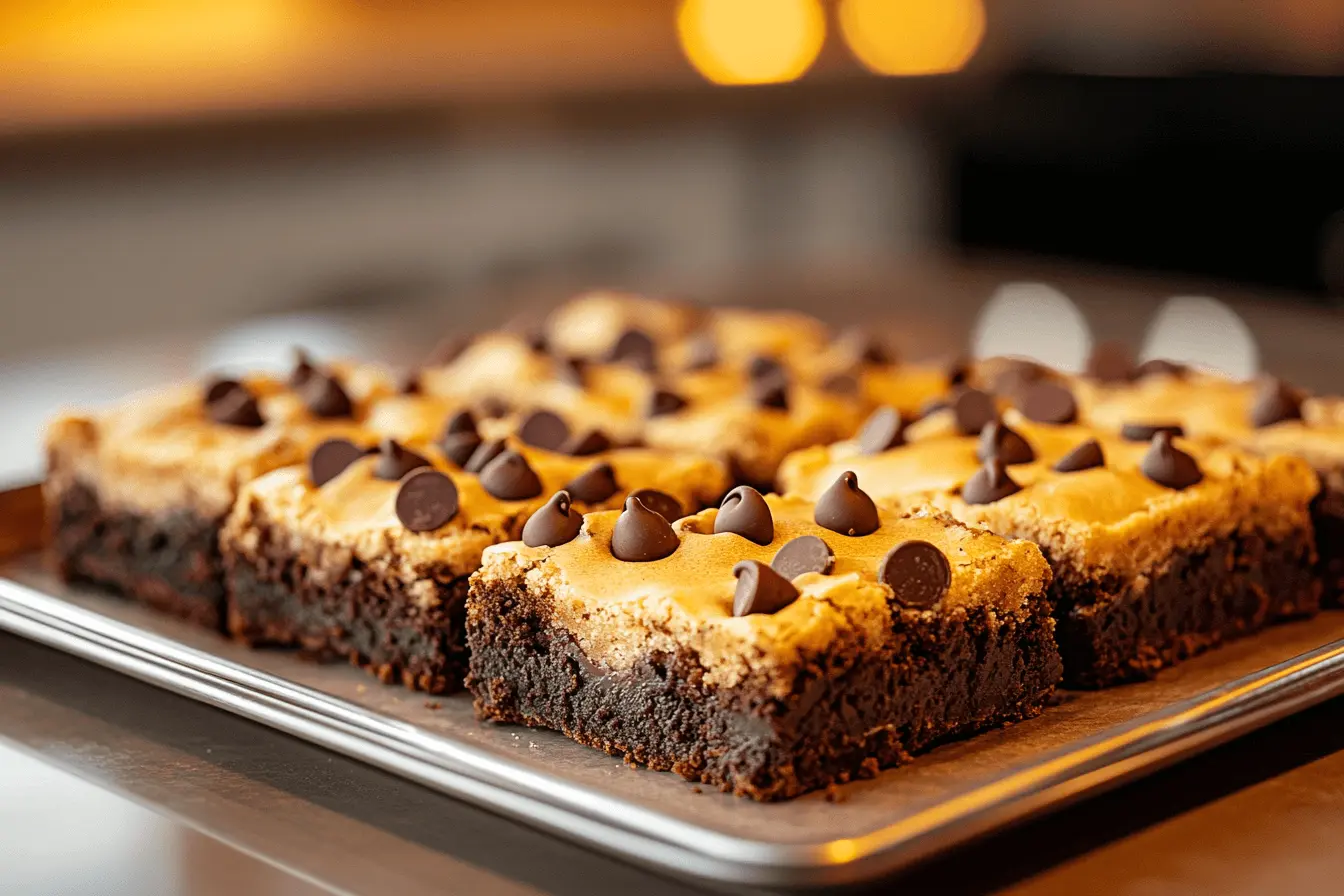 A tray of McAlister’s Brookie, featuring squares of rich, fudgy brownie topped with a layer of golden chocolate chip cookie dough and scattered chocolate chips, freshly baked and displayed on a shiny metal tray.