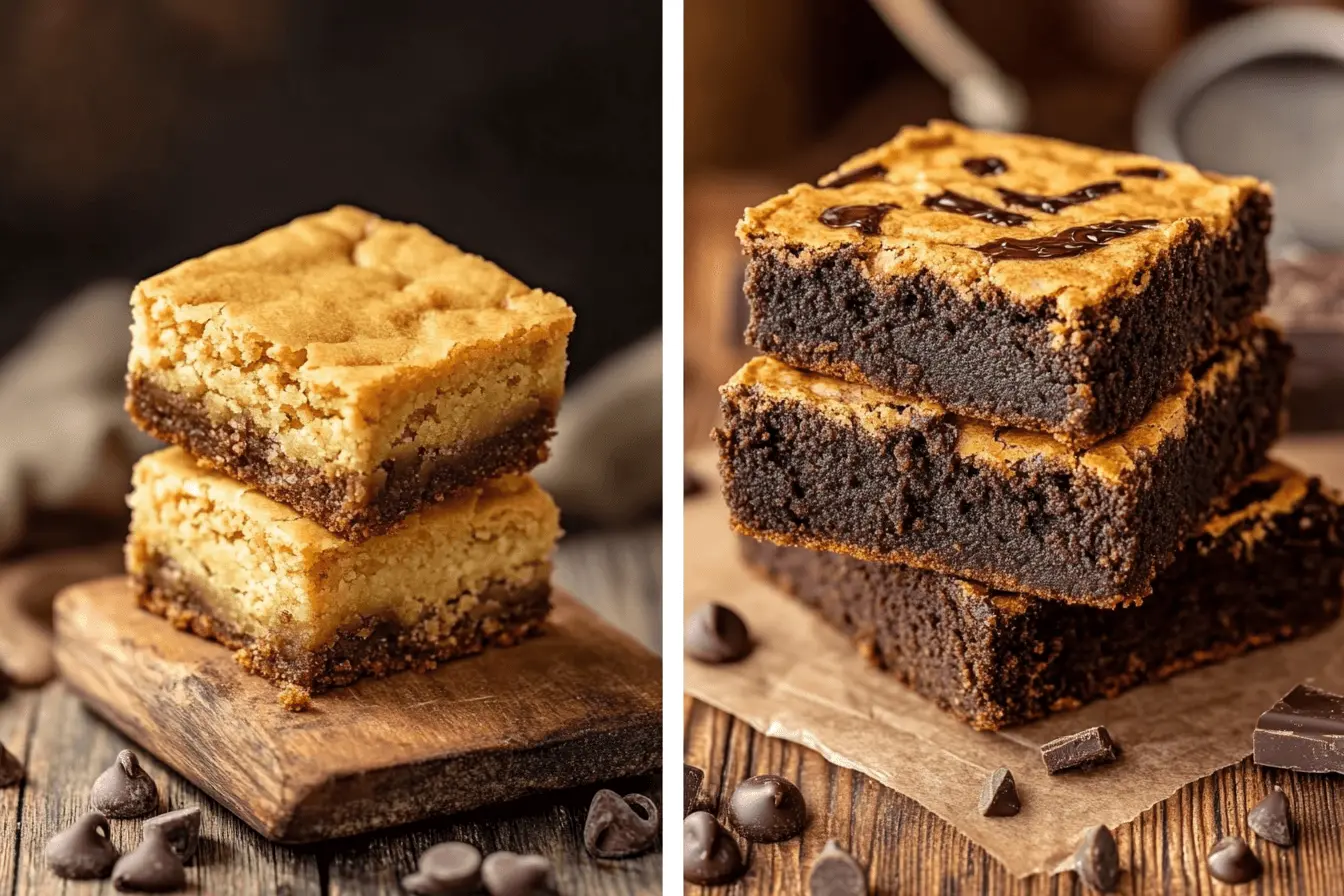 A side-by-side comparison of blondies and brookies on wooden boards. The blondies are golden with a soft, crumbly texture, while the brookies have a fudgy chocolate base and a cookie top layer. Scattered chocolate chips and chunks add to the cozy dessert presentation.