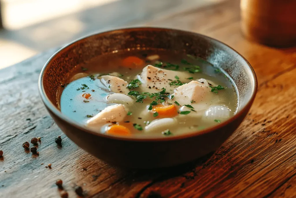 A warm bowl of chicken bone broth with tender chicken pieces, carrots, onions, and freshly chopped parsley, served in a rustic bowl on a wooden table with scattered peppercorns.