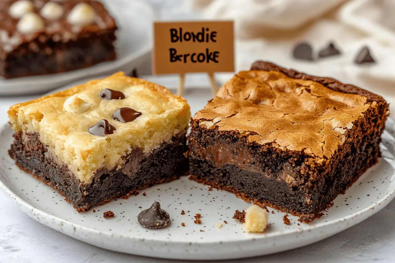 A side-by-side view of a blondie and a brookie on a white ceramic plate. The blondie is golden and topped with chocolate chips, while the brookie has a chocolate brownie base and a cookie layer on top. A labeled sign behind the desserts reads “Blondie” and “Brookie.” Chocolate chips are scattered for decoration.