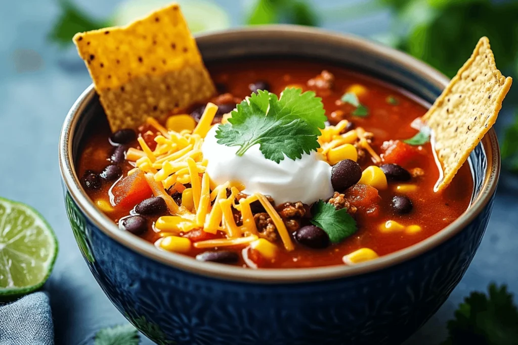A vibrant bowl of taco soup, filled with a rich red broth, black beans, corn, diced tomatoes, and ground beef, topped with shredded cheddar cheese, sour cream, fresh cilantro, and crispy tortilla chips. Presented in a blue patterned ceramic bowl, with lime and cilantro in the background.