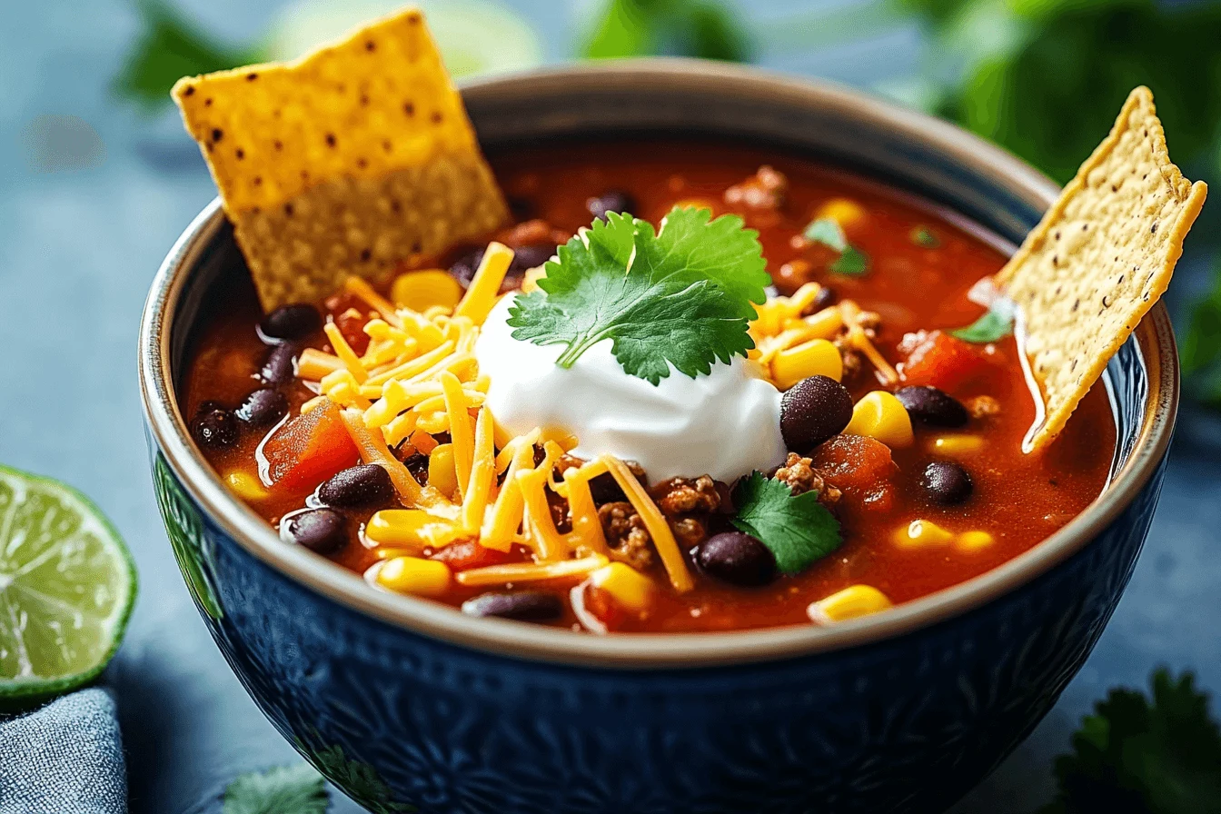 A vibrant bowl of taco soup, filled with a rich red broth, black beans, corn, diced tomatoes, and ground beef, topped with shredded cheddar cheese, sour cream, fresh cilantro, and crispy tortilla chips. Presented in a blue patterned ceramic bowl, with lime and cilantro in the background.